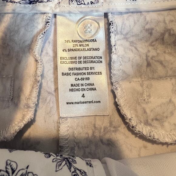 Mario Serrani White Pants with Navy Blue Floral Print | Women's 4 - Picture 4 of 7